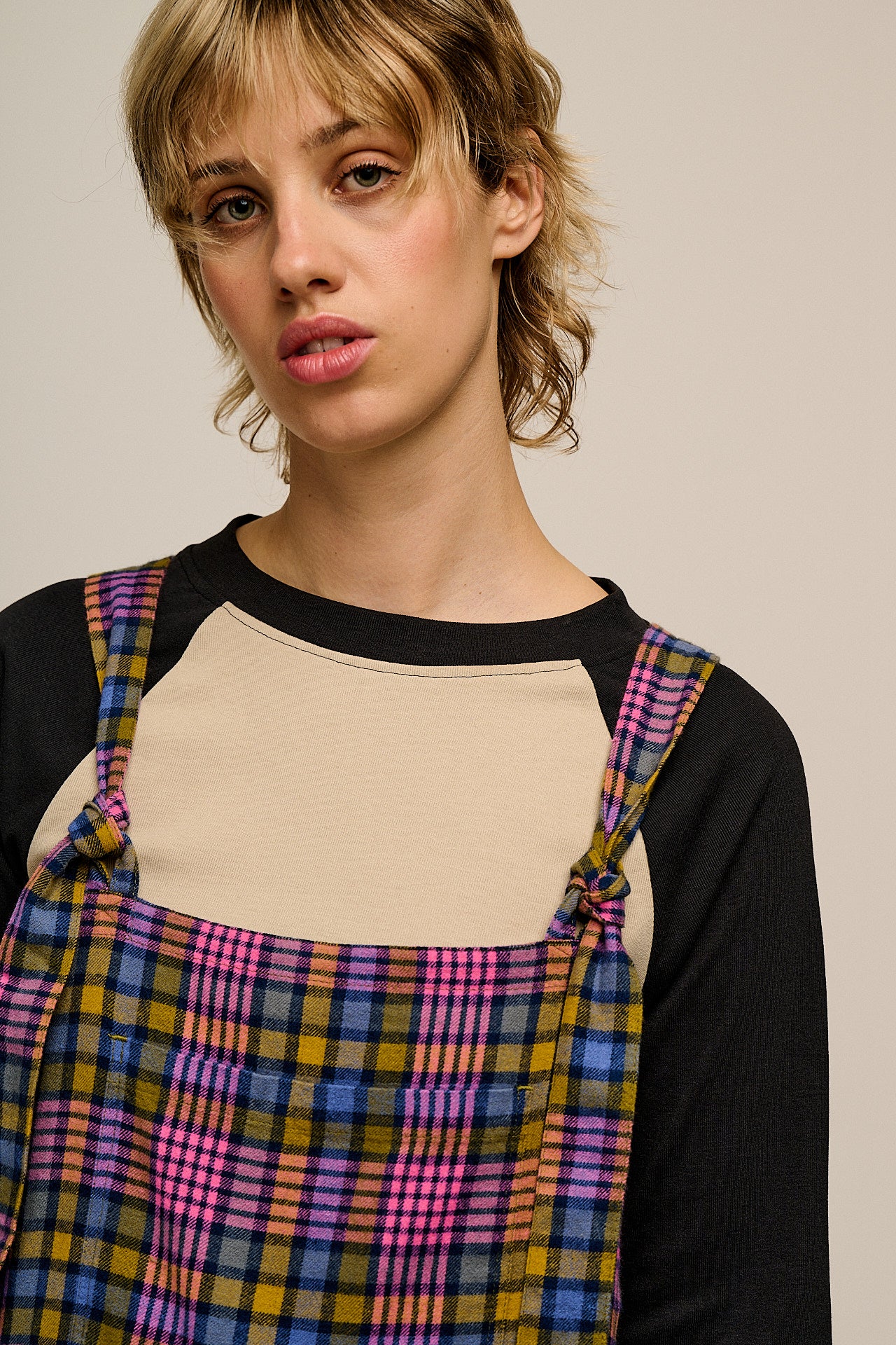 Miyada - Brushed Cotton Dungarees in Grunge Purple Check