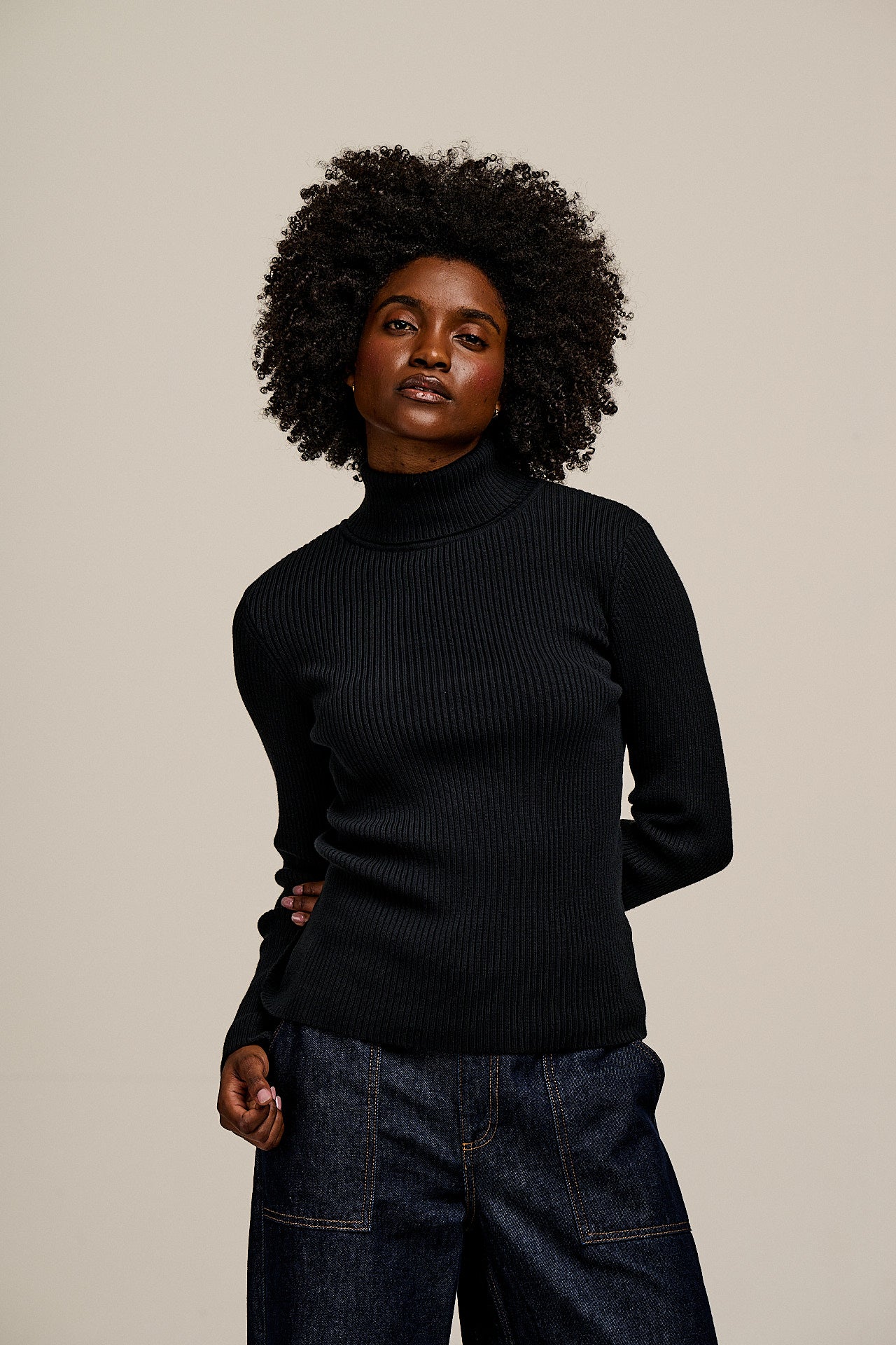 Eva - Knitted Roll Neck Long Sleeve Top in Black