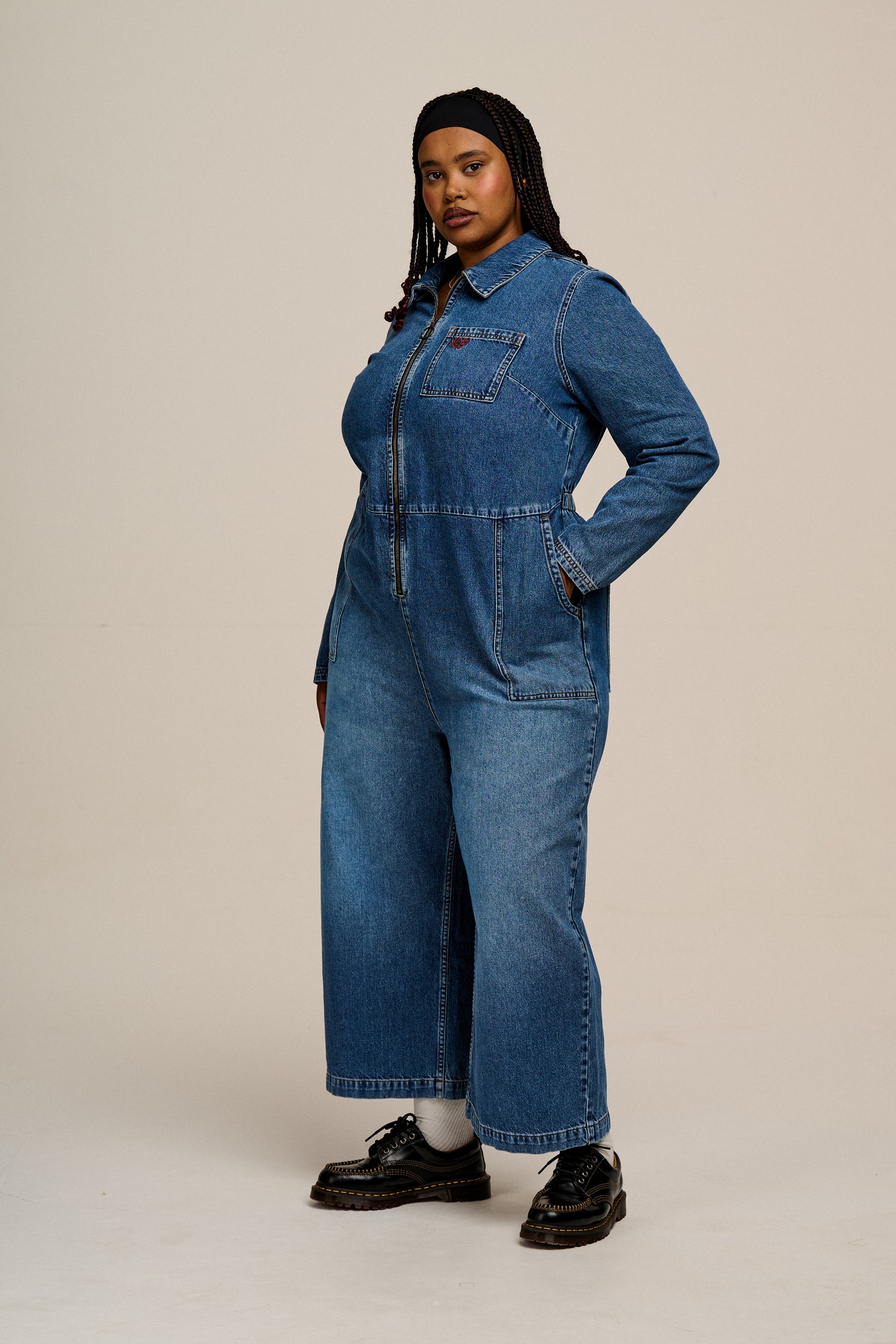 Tavira - Denim Long Sleeve Jumpsuit in Vintage Wash