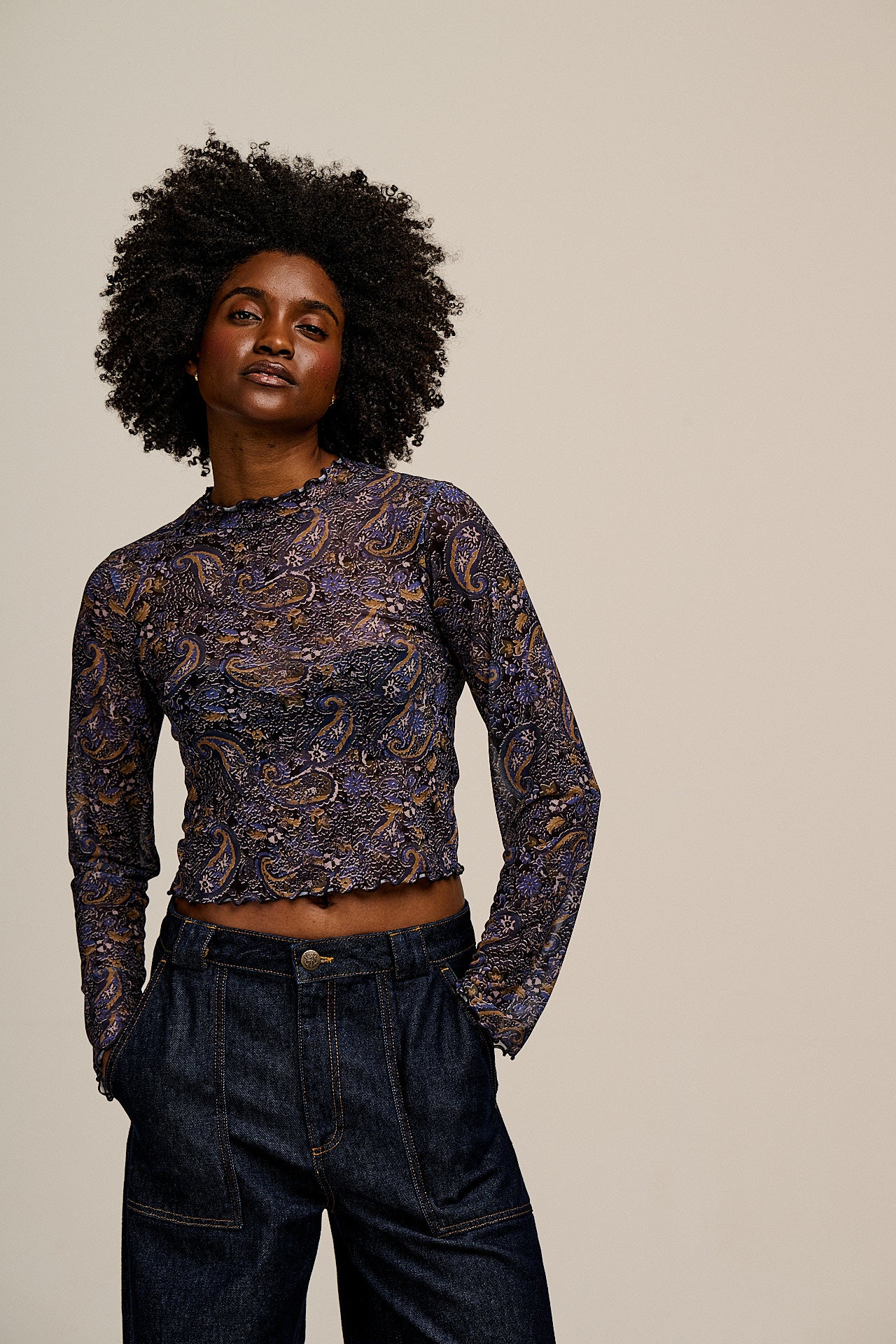 Perrie - Long Sleeve Mesh Top in Blue Grunge Paisley Print