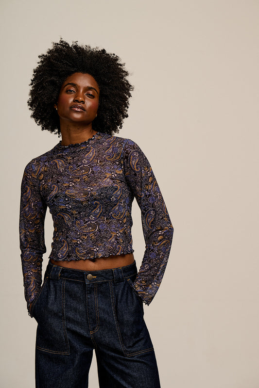 Perrie - Long Sleeve Mesh Top in Blue Grunge Paisley Print