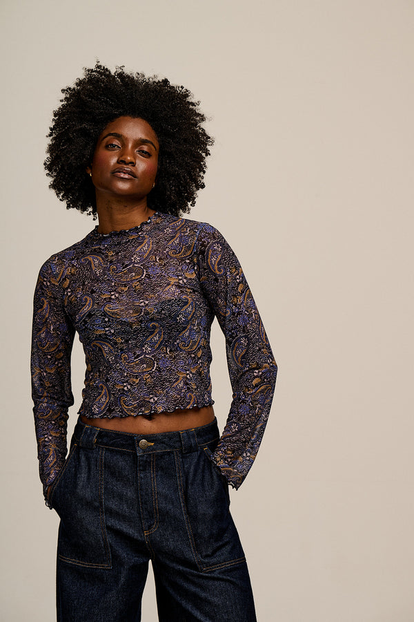 Perrie - Long Sleeve Mesh Top in Blue Grunge Paisley Print
