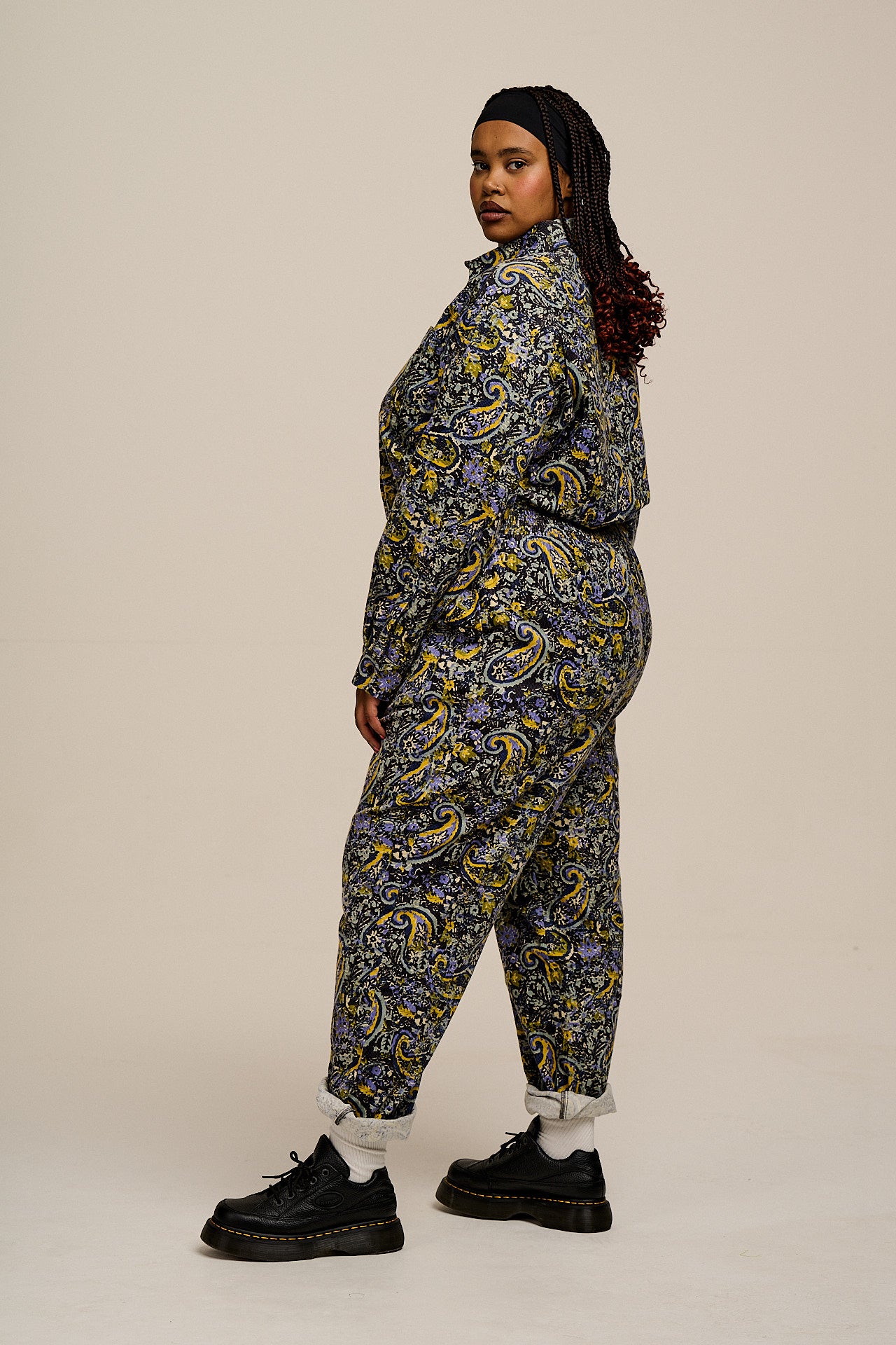 Eddie - Long Sleeve Corduroy Jumpsuit in Grunge Paisley Print
