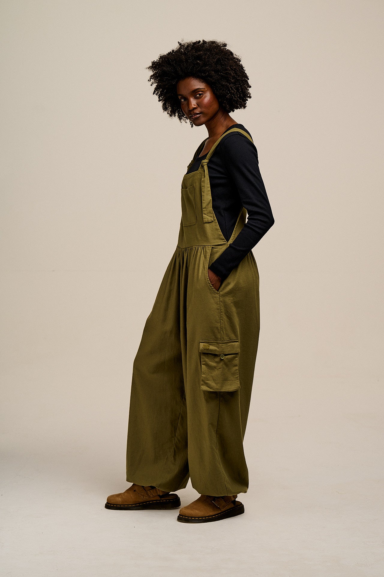 Miyada - Brushed Cotton Dungarees in Khaki Green