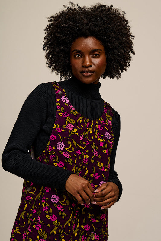 Layla - Mini Cotton Dress in Purple Grunge Floral Print