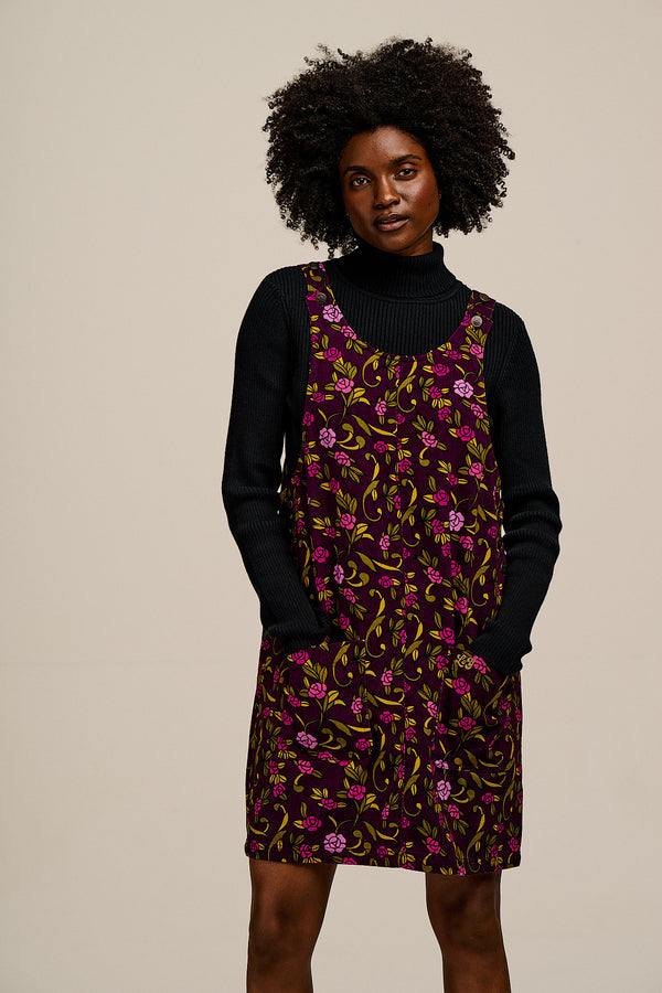 Layla - Mini Cotton Dress in Purple Grunge Floral Print