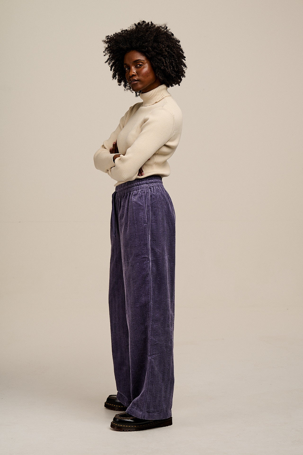 Norris - Wide Leg Corduroy Trousers in Blueberry Mist