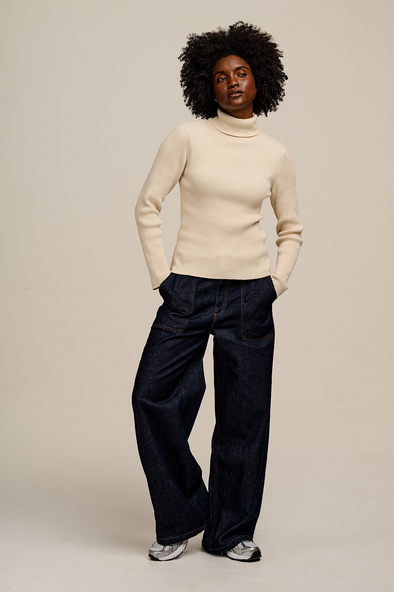 Eva - Knitted Roll Neck Long Sleeve Top in Pearl