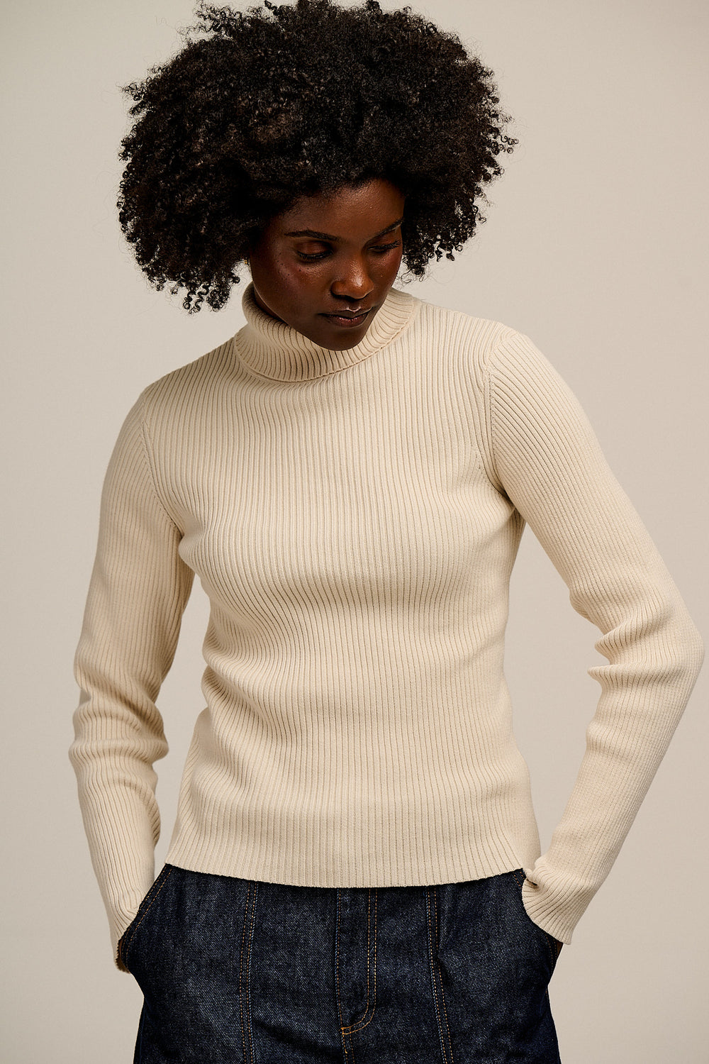 Eva -  Knitted Roll Neck Long Sleeve Top in Pearl