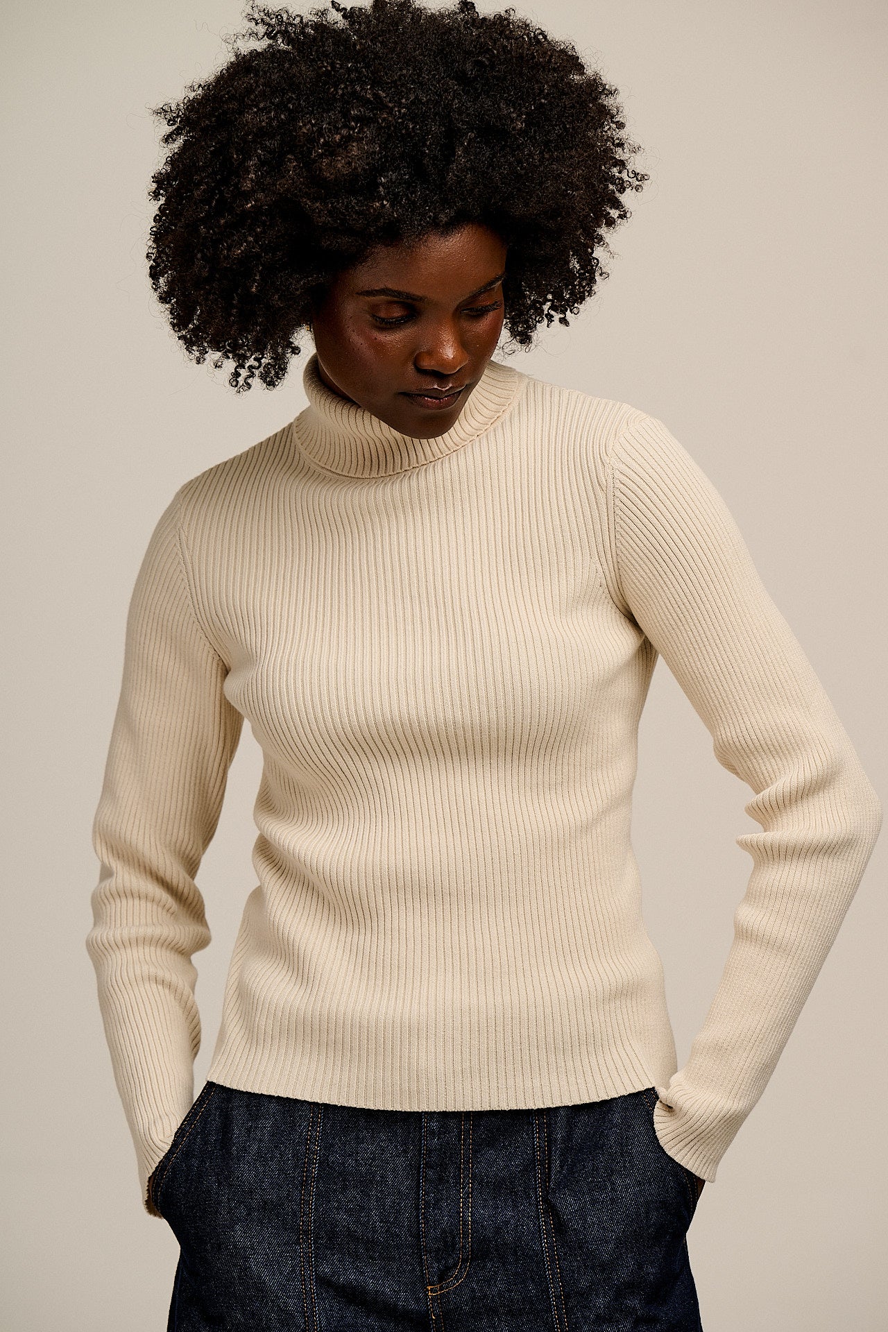 Eva - Knitted Roll Neck Long Sleeve Top in Pearl