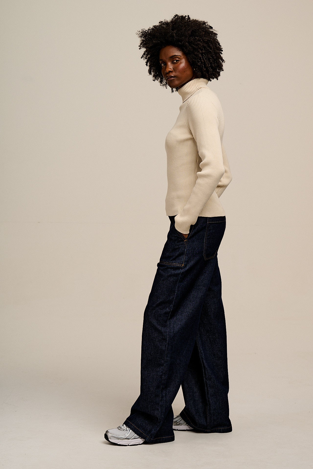 Eva - Knitted Roll Neck Long Sleeve Top in Pearl