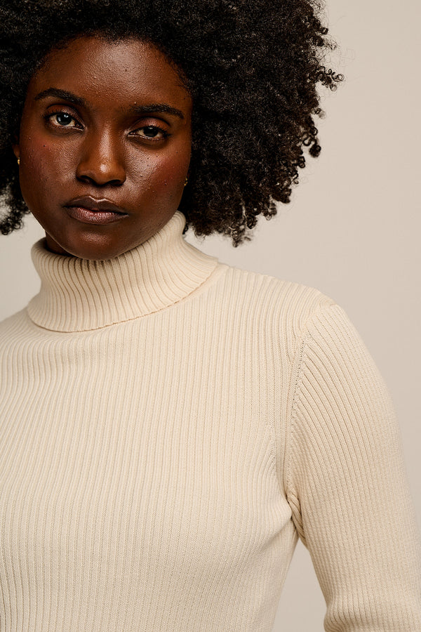 Eva - Knitted Roll Neck Long Sleeve Top in Pearl