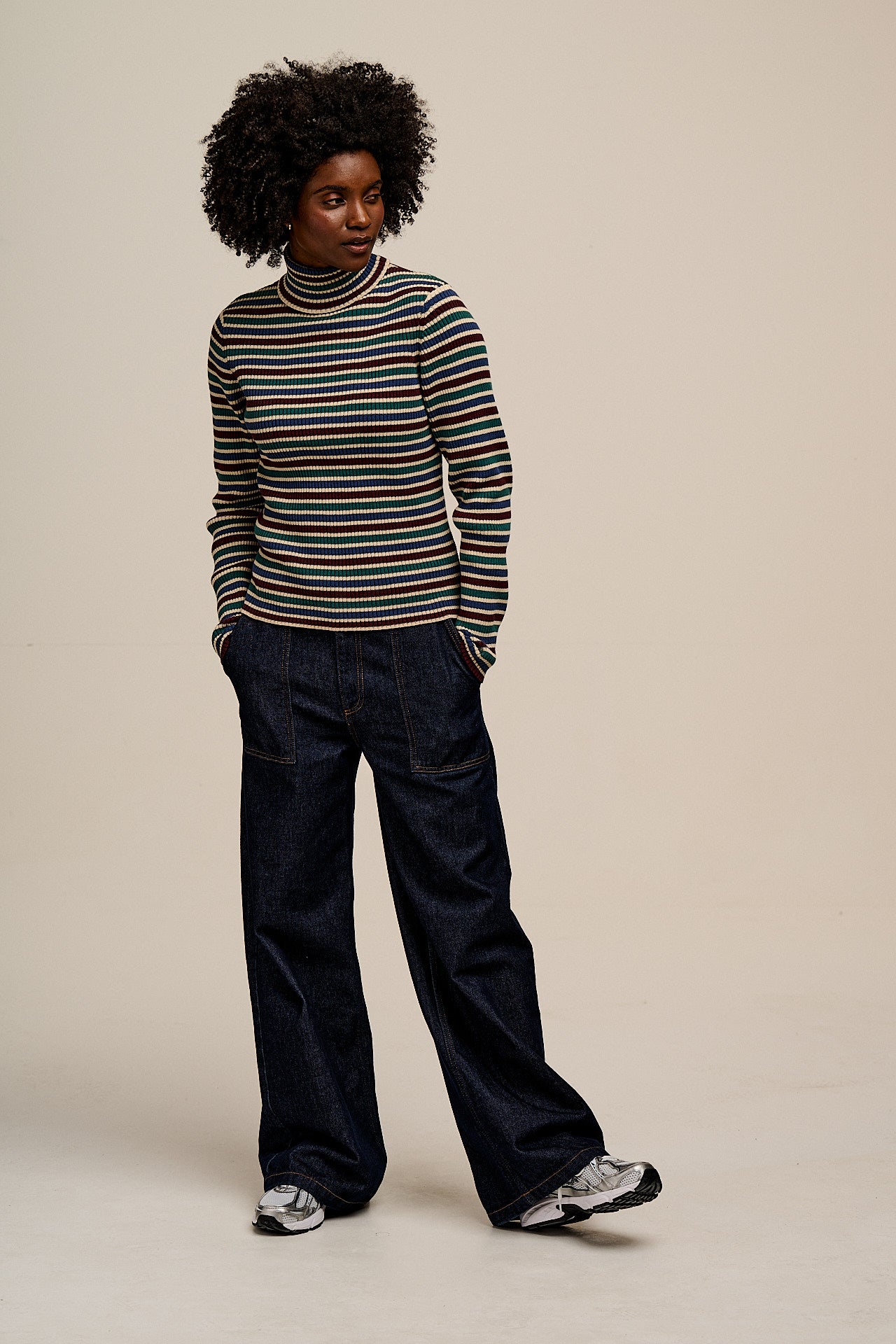 Eva - Knitted Roll Neck Long Sleeve Top in Earthy Stripe