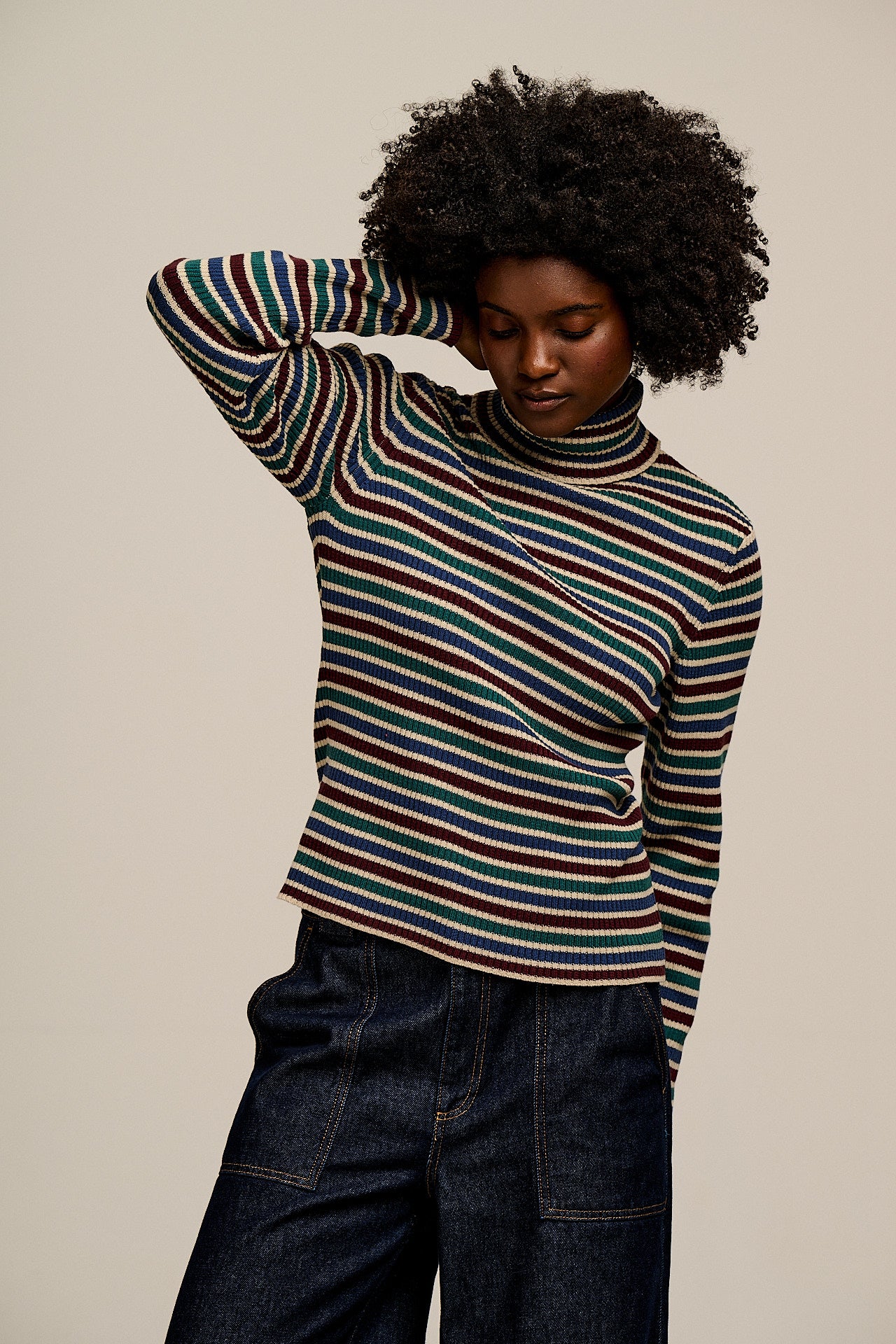 Eva - Knitted Roll Neck Long Sleeve Top in Earthy Stripe