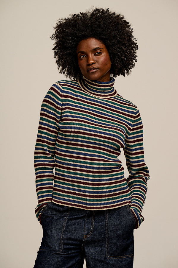Eva - Knitted Roll Neck Long Sleeve Top in Earthy Stripe