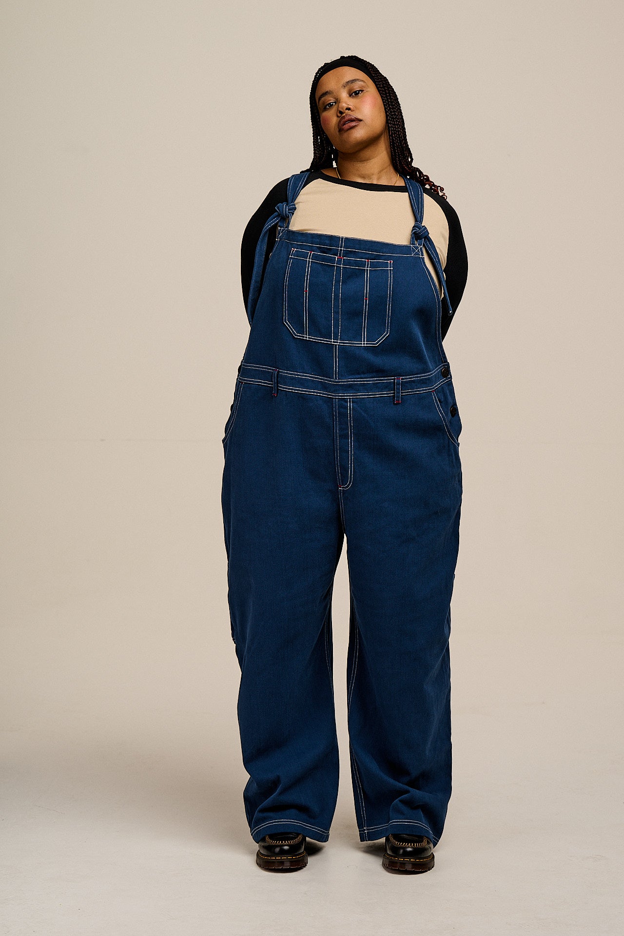 Mullen - Cotton Dungarees in Navy with Contrast Stitch