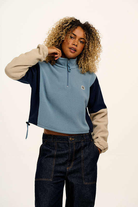Blake - Cropped Polar Fleece in Blue & Cream