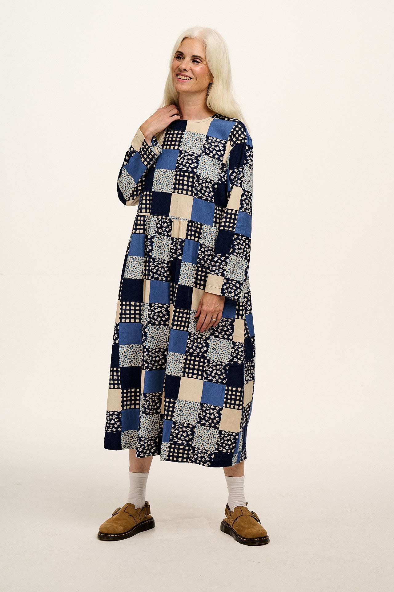 Micah - Midi Dress in Inked Blue Patchwork