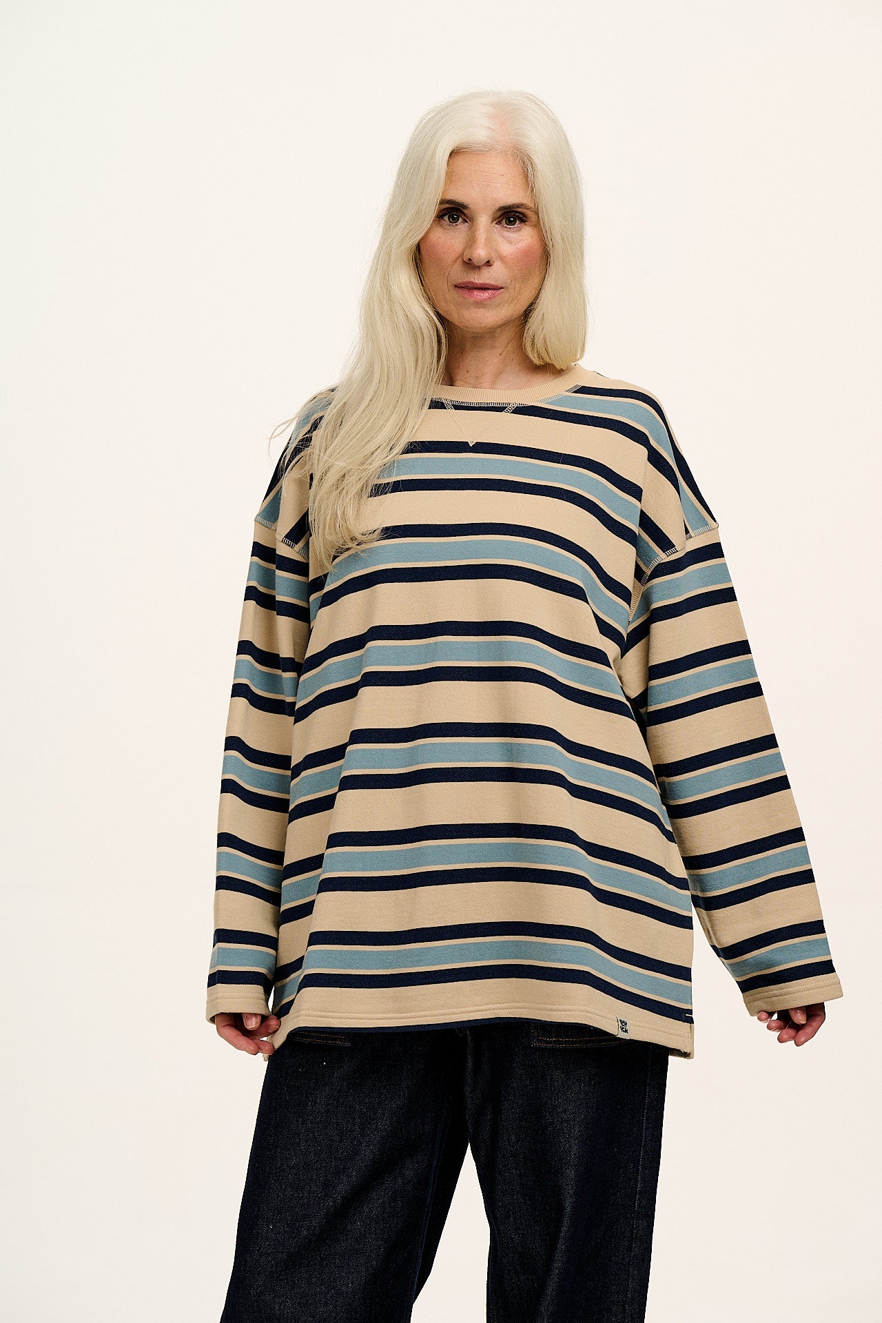 Kai - Midweight Cotton Crew Neck Sweatshirt in Blue Stripe