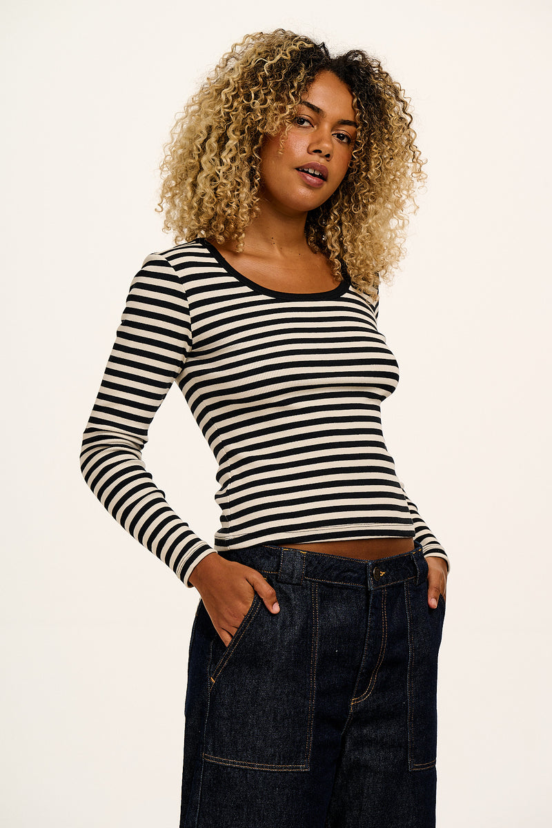 Remy - Ribbed Cotton Scoop Neck Long Sleeve T-Shirt in Black & White Stripe