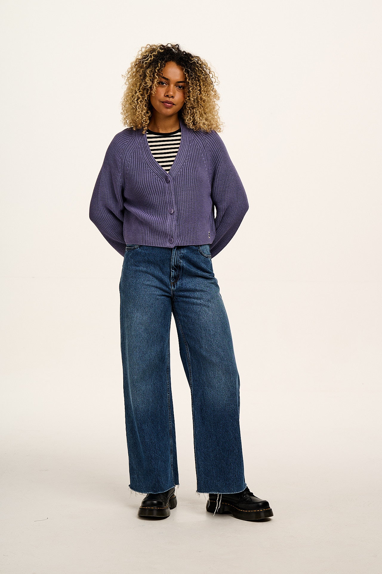 Robyn - V-Neck Cotton Cardigan in Purple