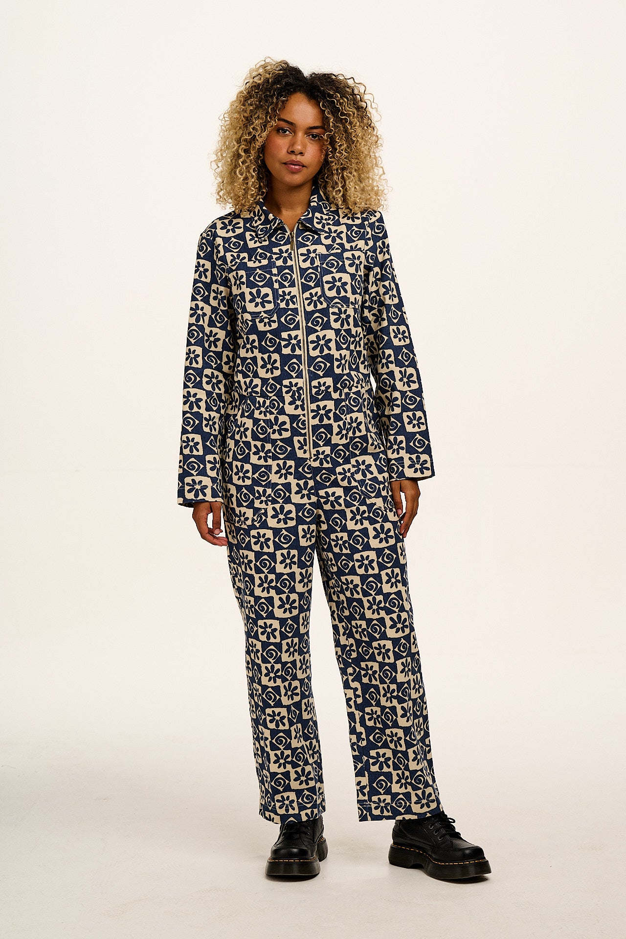 Arendal - Cotton Long Sleeve Jumpsuit in Blue Floral Check Print