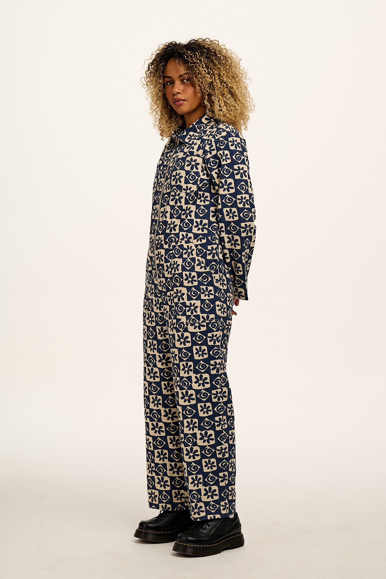 Arendal - Cotton Long Sleeve Jumpsuit in Blue Floral Check Print