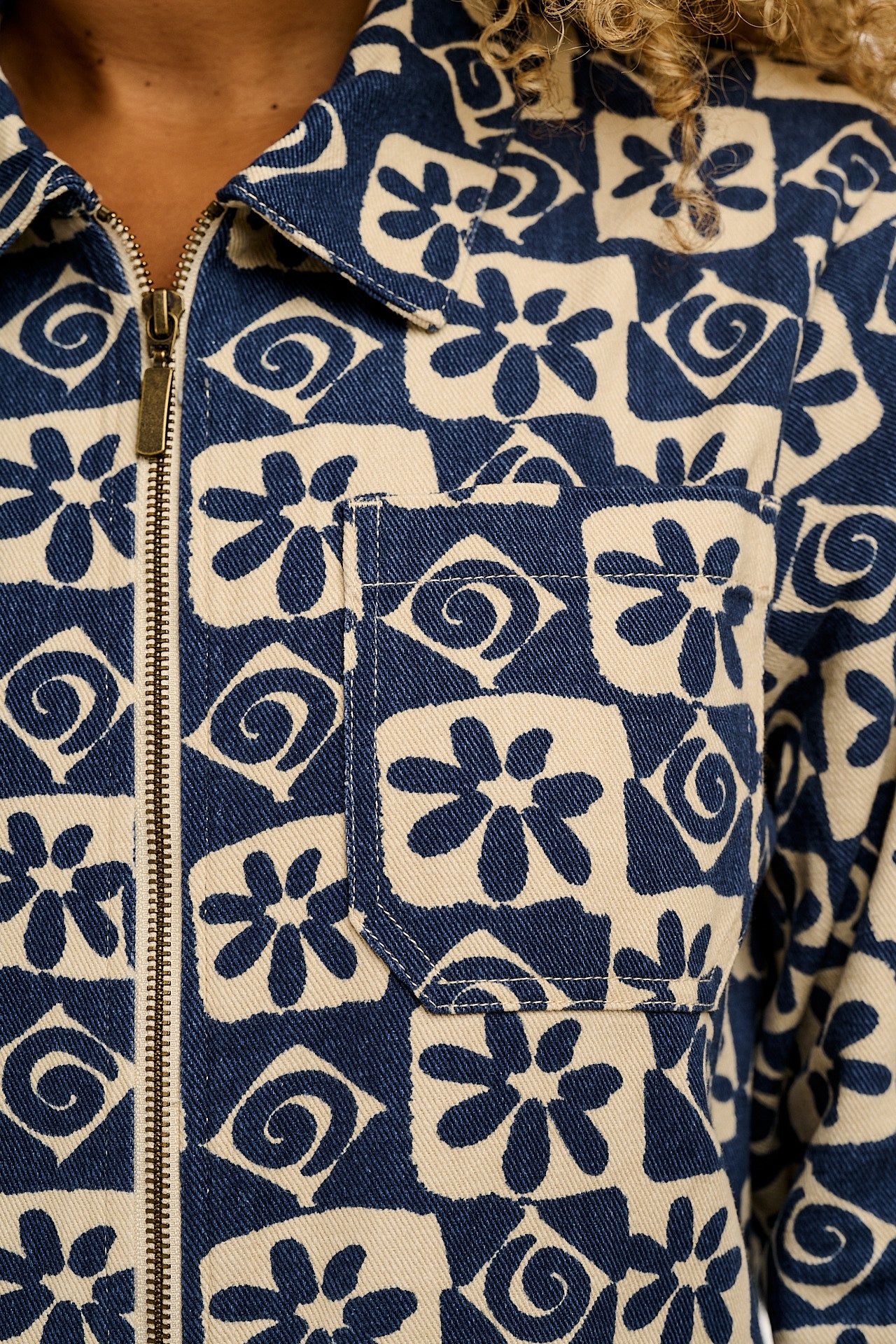 Arendal - Cotton Long Sleeve Jumpsuit in Blue Floral Check Print