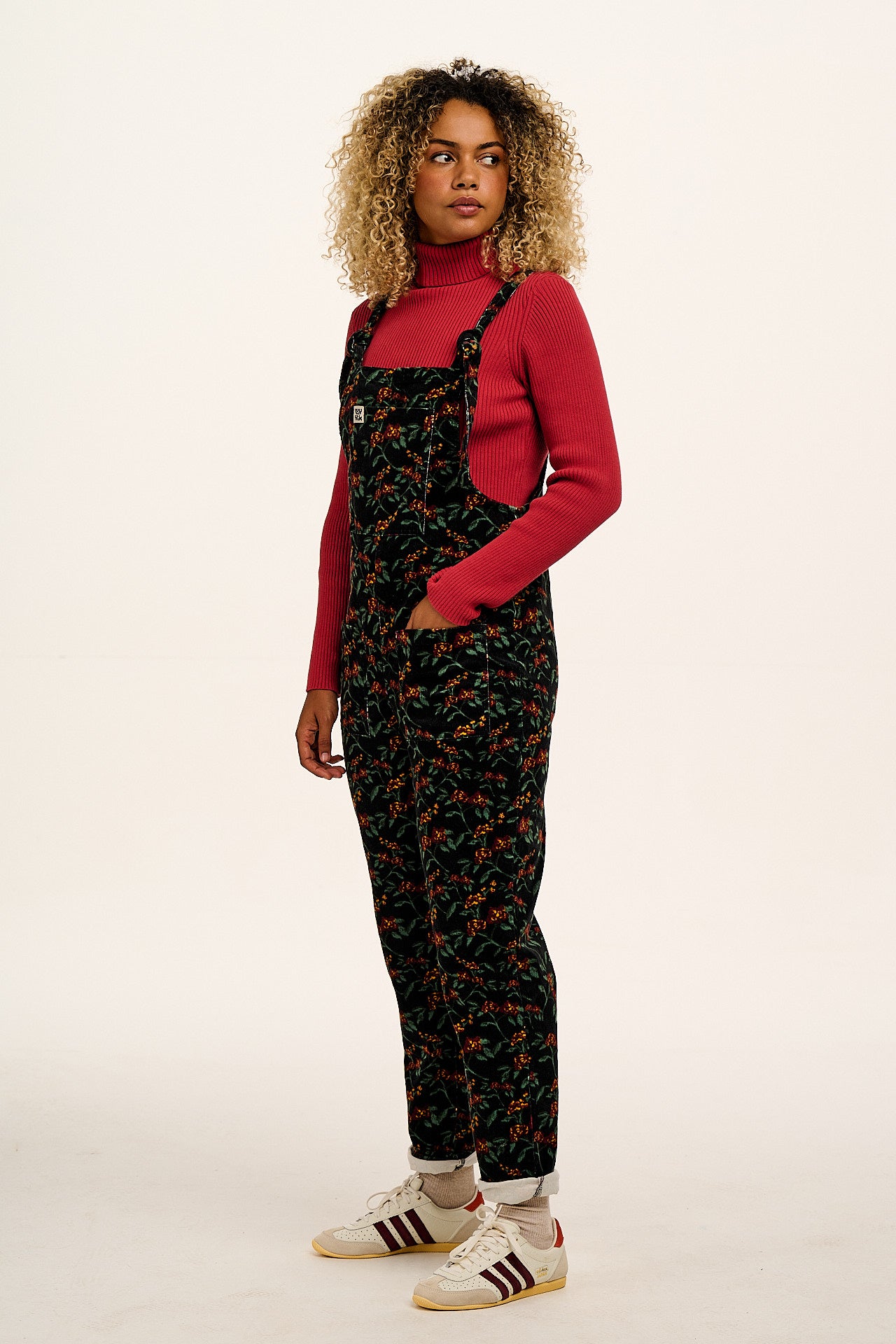 Original - Corduroy Dungarees in Black & Red Floral Print