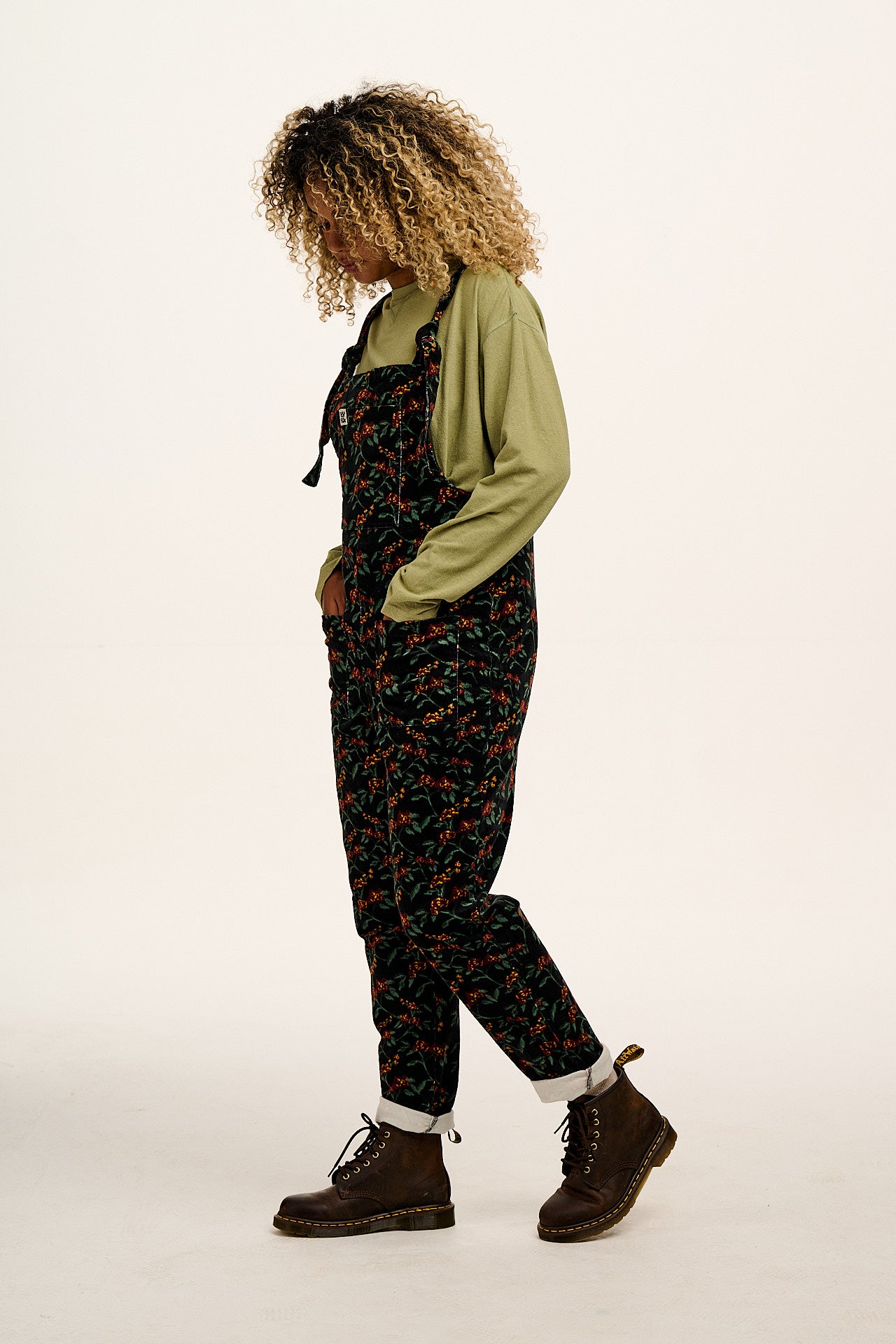 Original - Corduroy Dungarees in Black & Red Floral Print