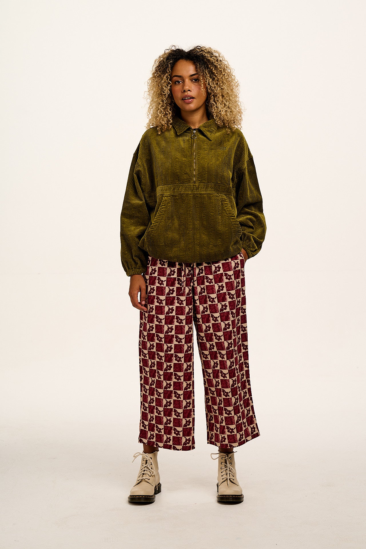 Chuck - Wide Leg Cotton Trousers in Maroon & Ecru Floral Check