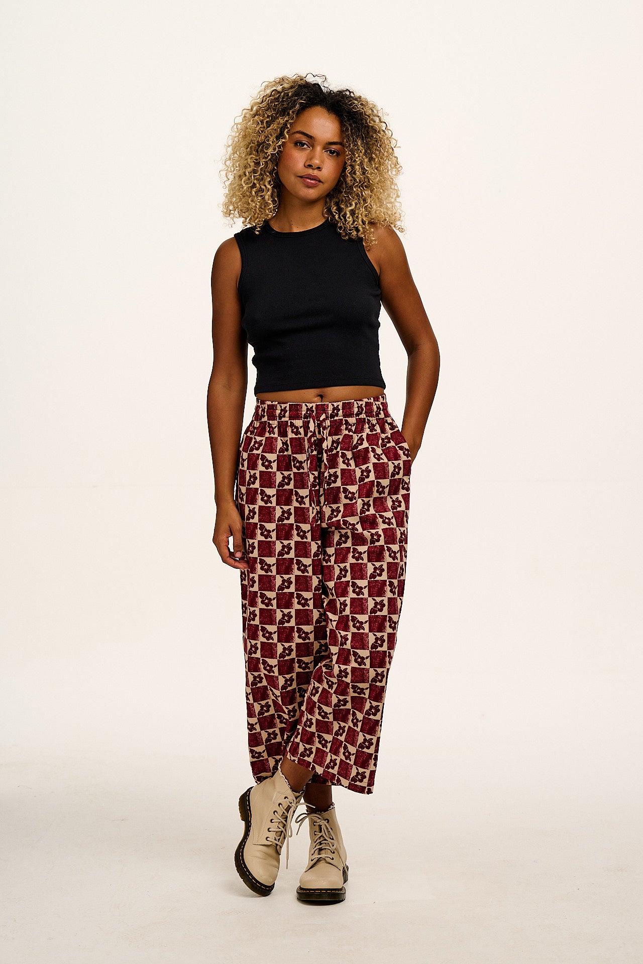Chuck - Wide Leg Cotton Trousers in Maroon & Ecru Floral Check