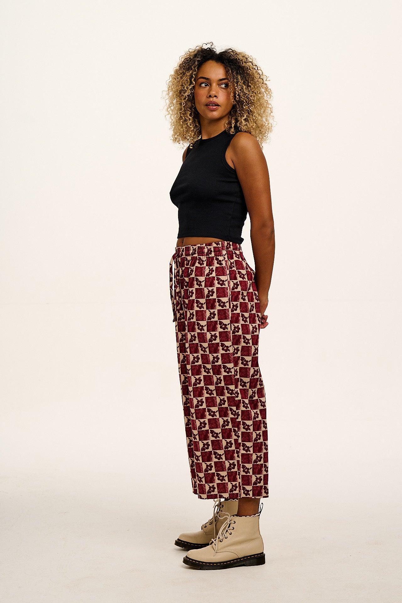 Chuck - Wide Leg Cotton Trousers in Maroon & Ecru Floral Check