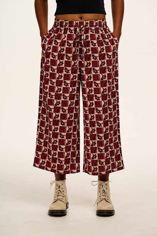 Chuck - Wide Leg Cotton Trousers in Maroon & Ecru Floral Check