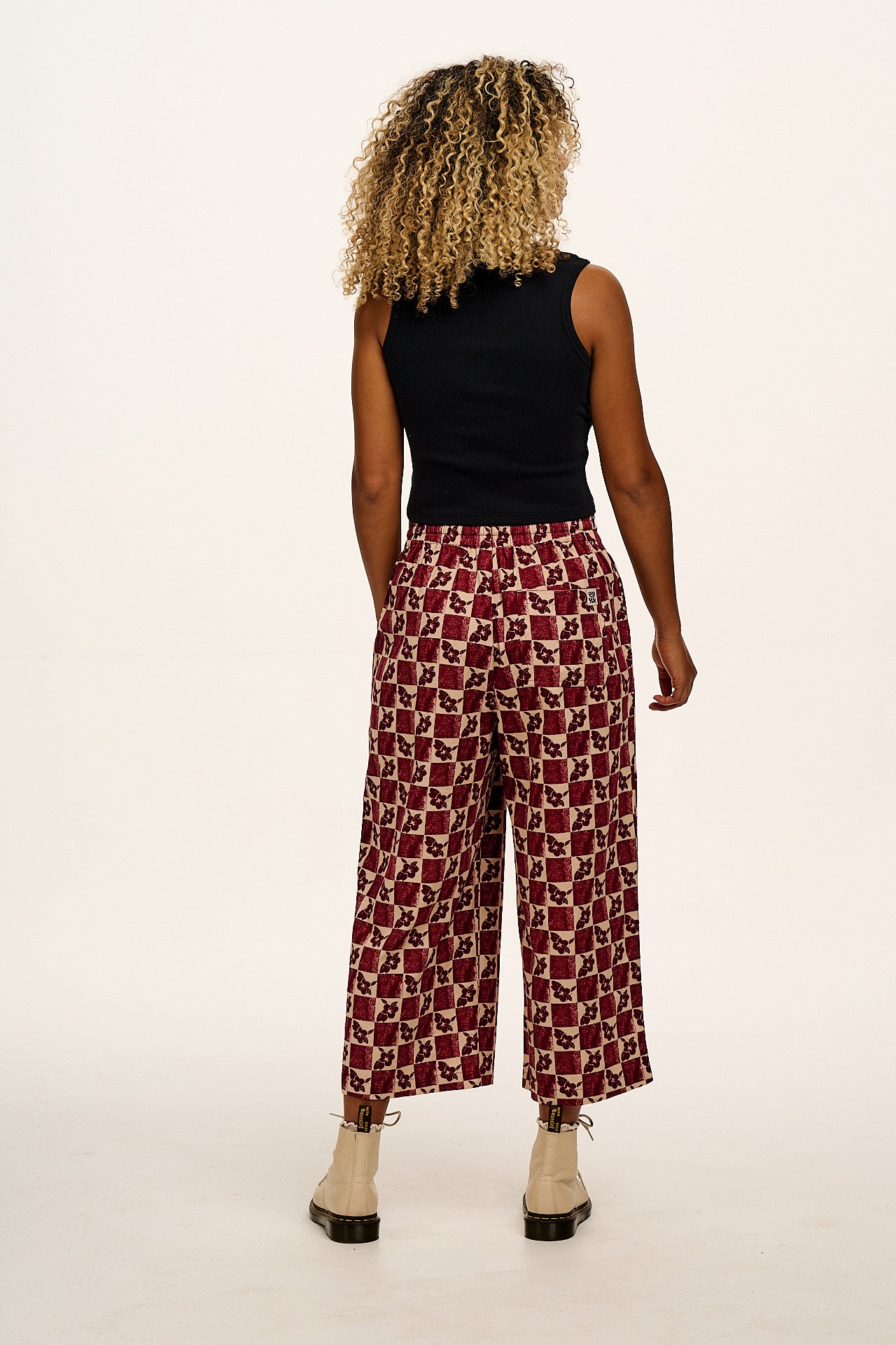Chuck - Wide Leg Cotton Trousers in Maroon & Ecru Floral Check