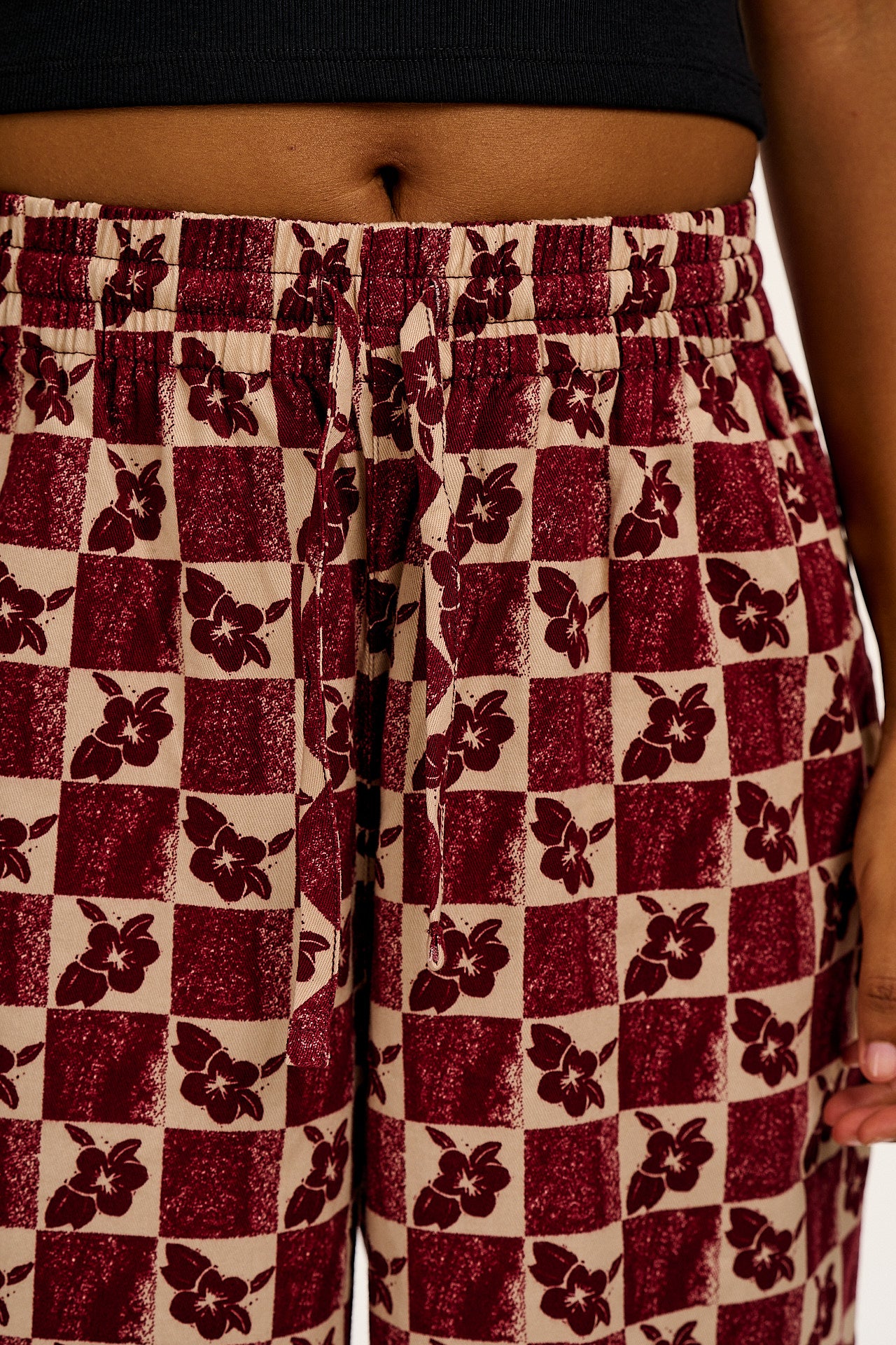 Chuck - Wide Leg Cotton Trousers in Maroon & Ecru Floral Check