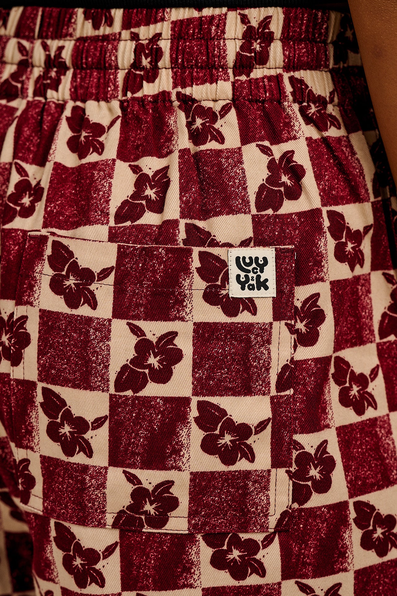 Chuck - Wide Leg Cotton Trousers in Maroon & Ecru Floral Check