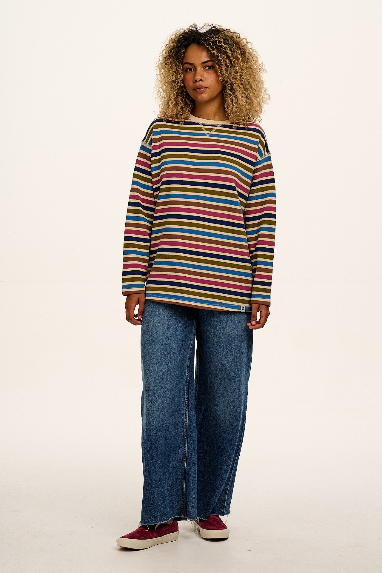Kai - Midweight Cotton Crew Neck Sweatshirt in Rainbow & Ecru Stripe