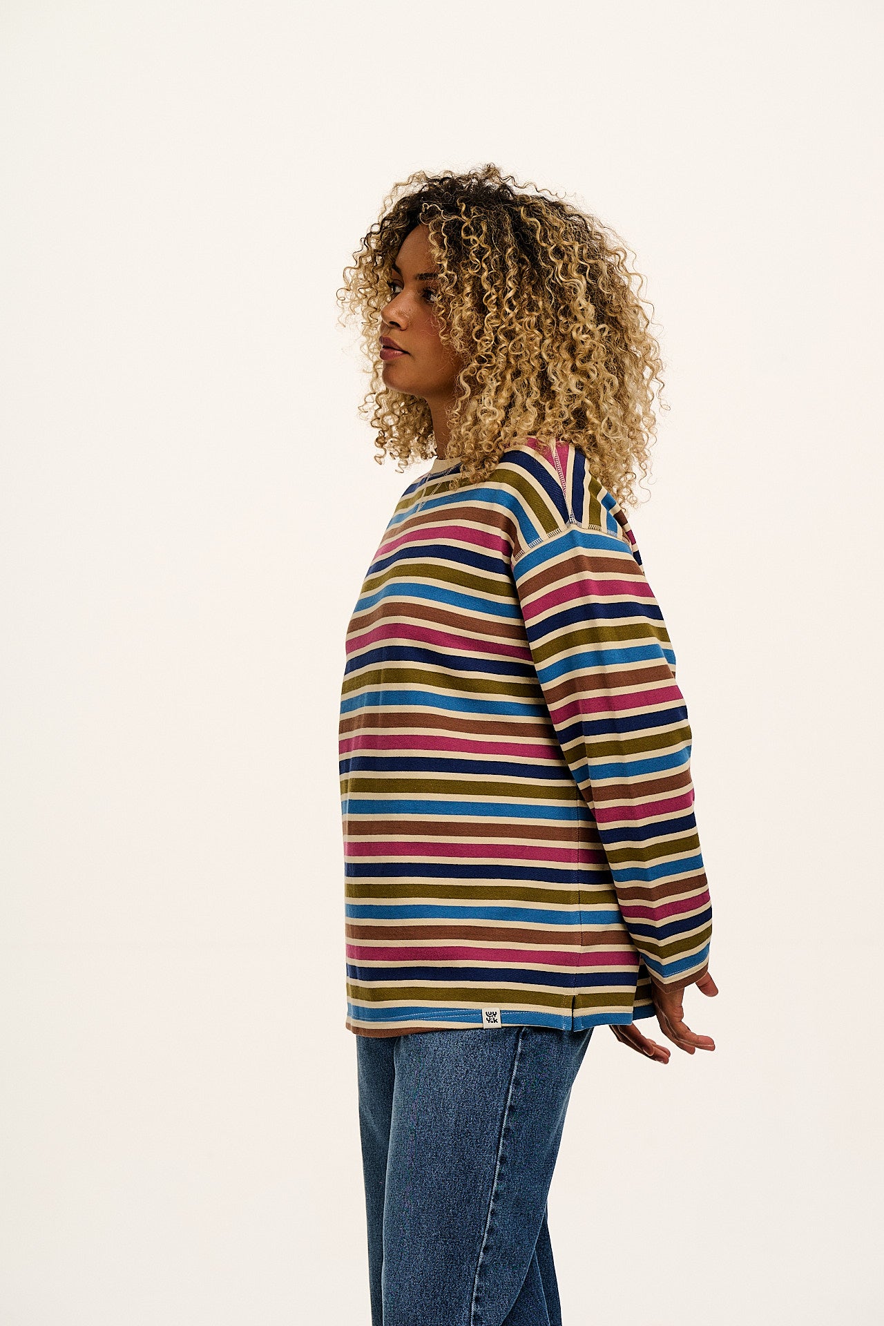 Kai - Midweight Cotton Crew Neck Sweatshirt in Rainbow & Ecru Stripe