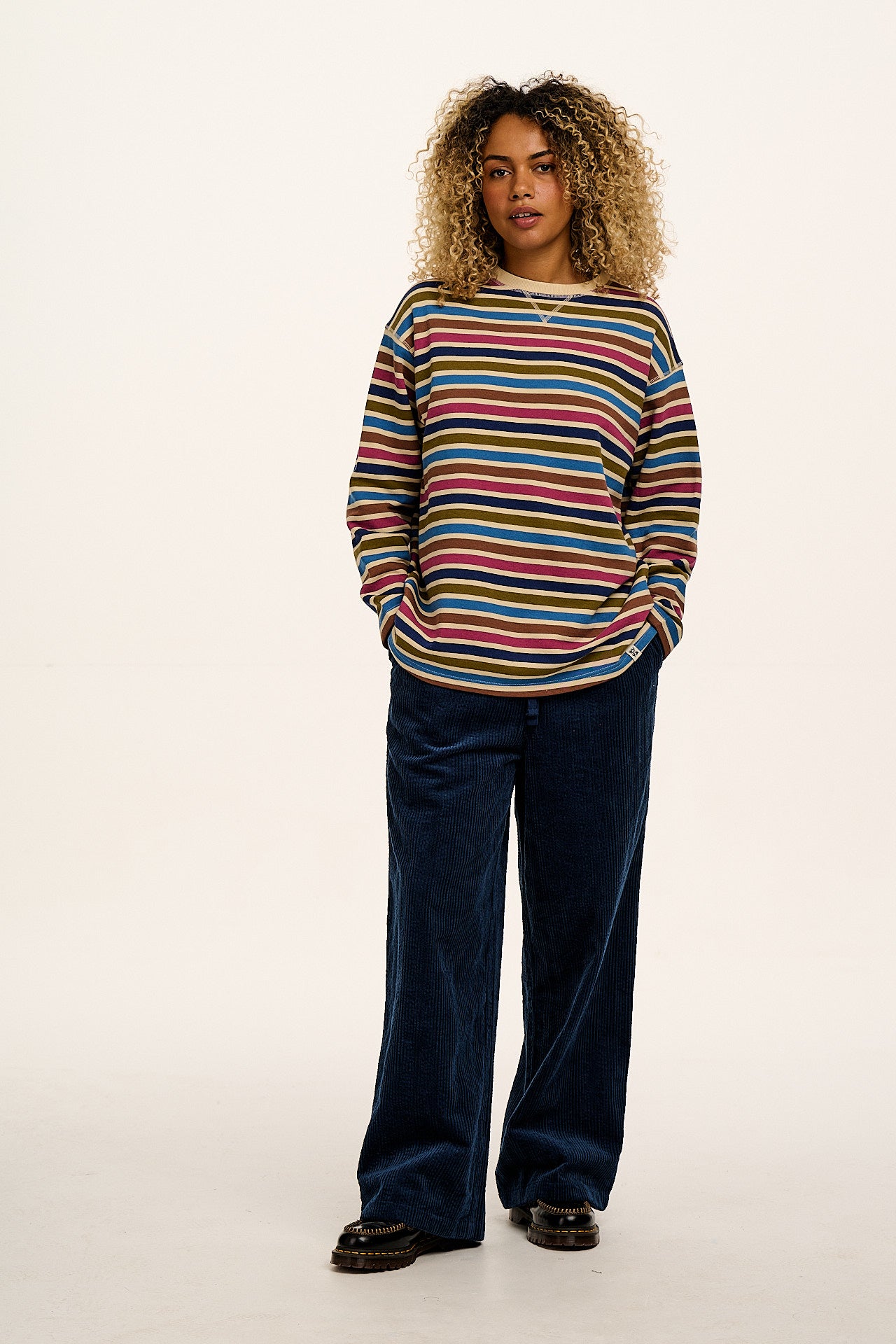 Kai - Midweight Cotton Crew Neck Sweatshirt in Rainbow & Ecru Stripe