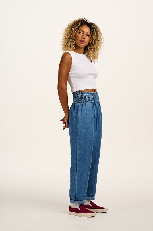 Alexa - Cotton & Hemp Trousers in Mid Wash Blue