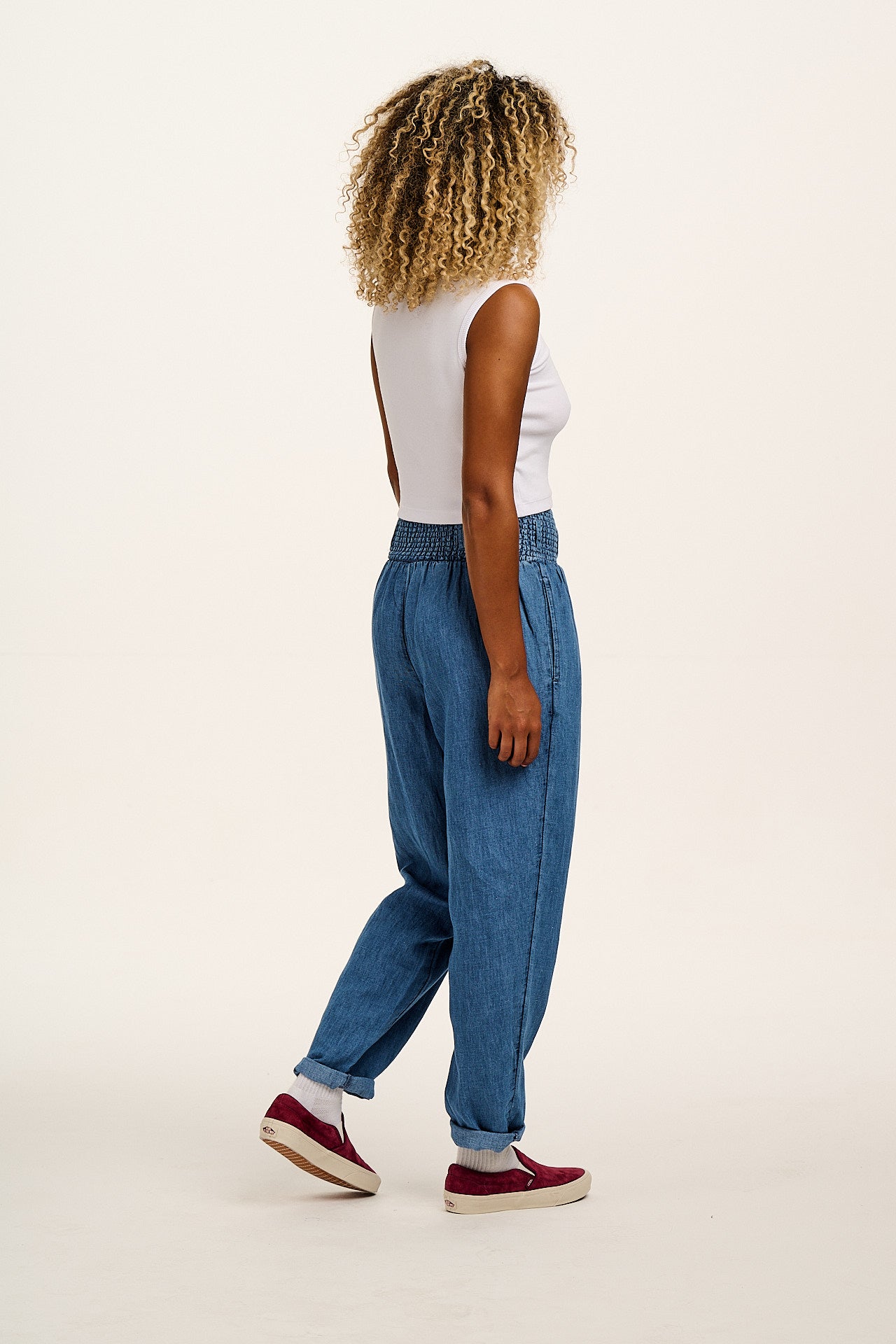 Alexa - Cotton & Hemp Trousers in Mid Wash Blue