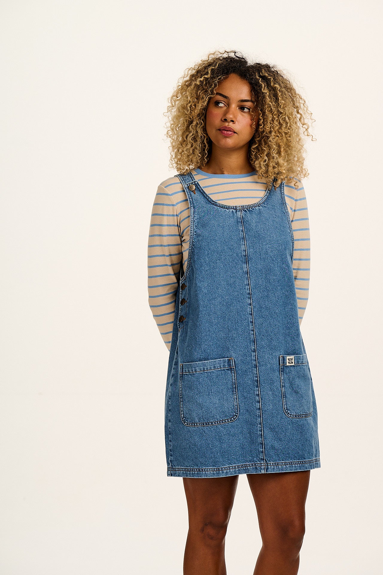 Layla - Mini Denim Dress in Mid Wash Blue