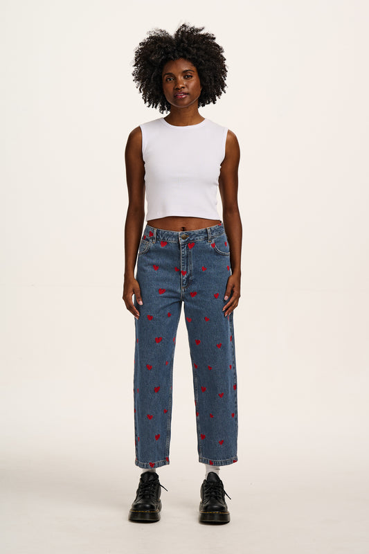 Drew - Cropped Straight Leg Denim Jeans in Mid Wash Blue with Cupid Hearts Embroidery