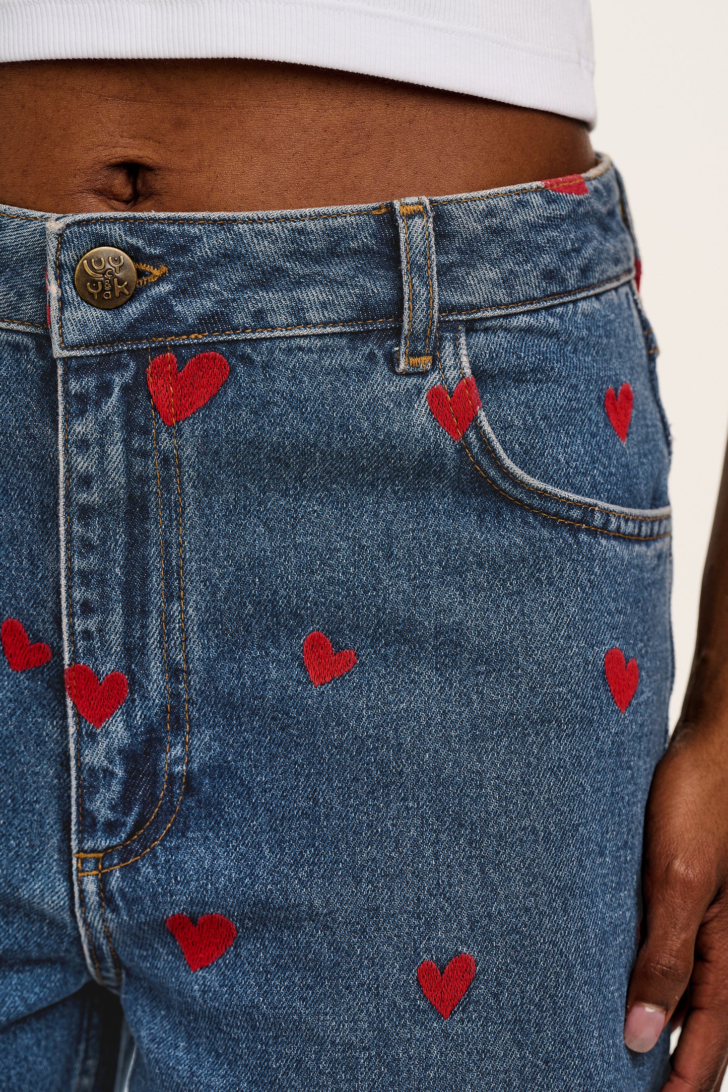 Drew - Cropped Straight Leg Denim Jeans in Mid Wash Blue with Cupid Hearts Embroidery