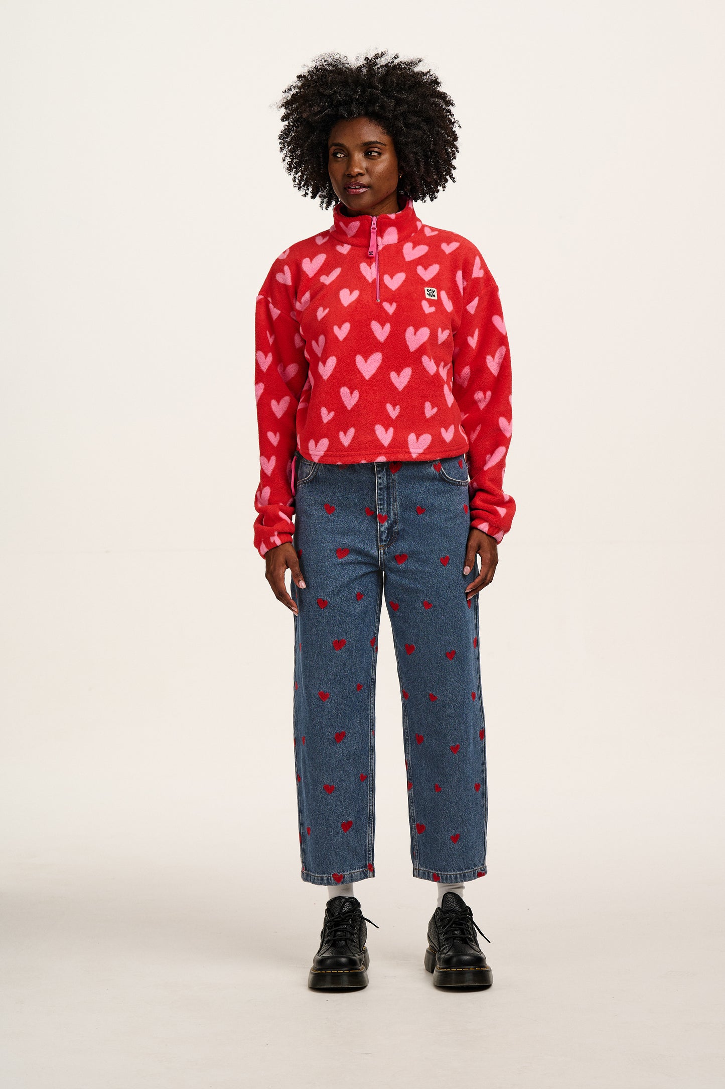 Drew - Cropped Straight Leg Denim Jeans in Mid Wash Blue with Cupid Hearts Embroidery