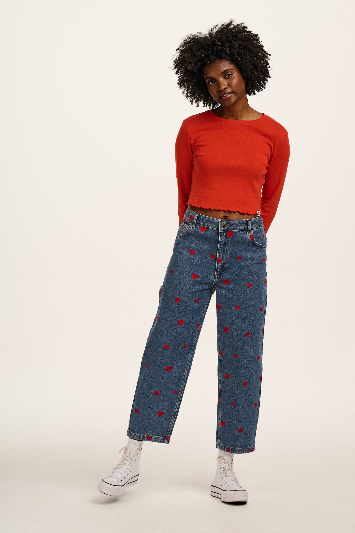 Drew - Cropped Straight Leg Denim Jeans in Mid Wash Blue with Cupid Hearts Embroidery