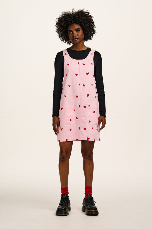 Layla - Denim Mini Dress in Pink Wash with Cupid Hearts Embroidery
