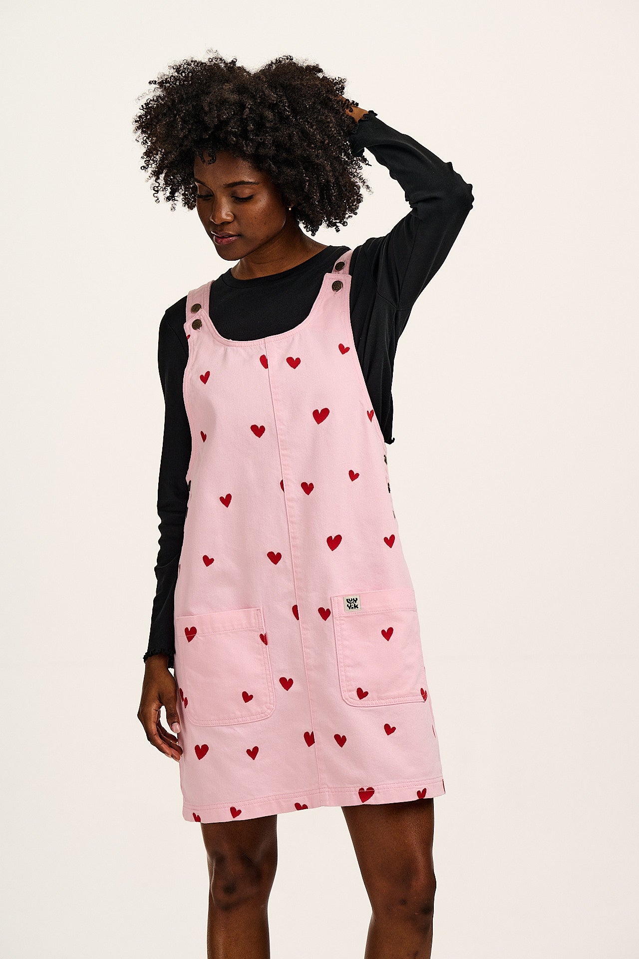 Layla - Denim Mini Dress in Pink Wash with Cupid Hearts Embroidery