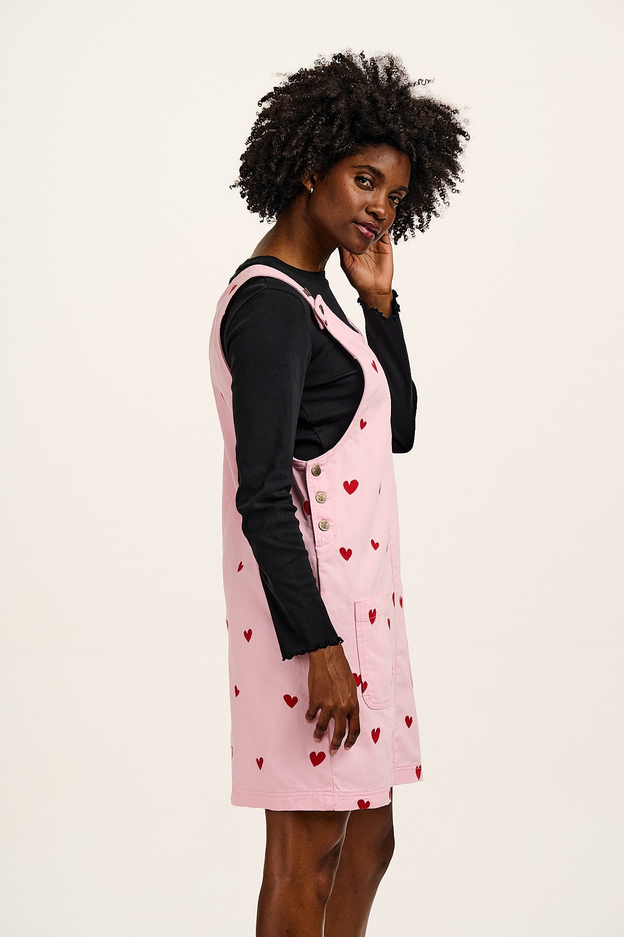 Layla - Denim Mini Dress in Pink Wash with Cupid Hearts Embroidery